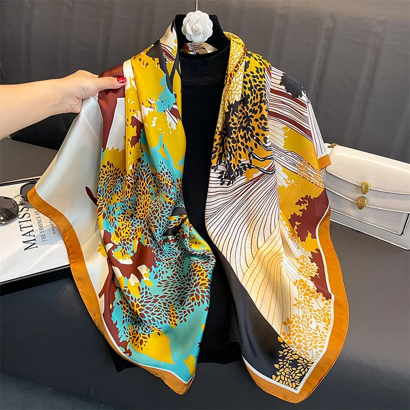 110X110Cm Women Silk Square Scarf Hijab Female Design Print Lady Shawl Wraps Foulard Headbands Bufanda Large Bandana Luxury 2023