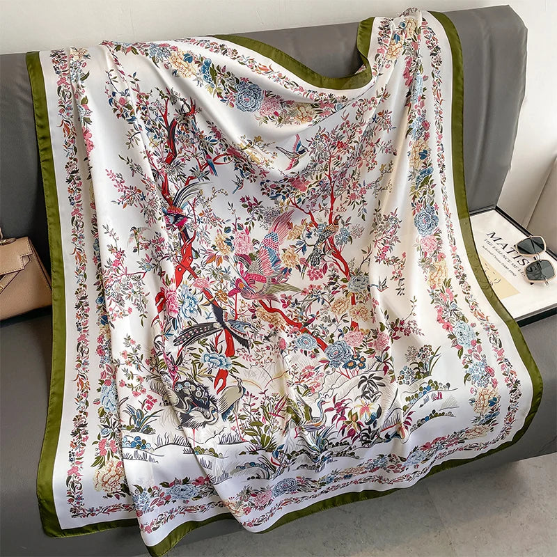 110X110Cm Women Silk Square Scarf Hijab Female Design Print Lady Shawl Wraps Foulard Headbands Bufanda Large Bandana Luxury 2023