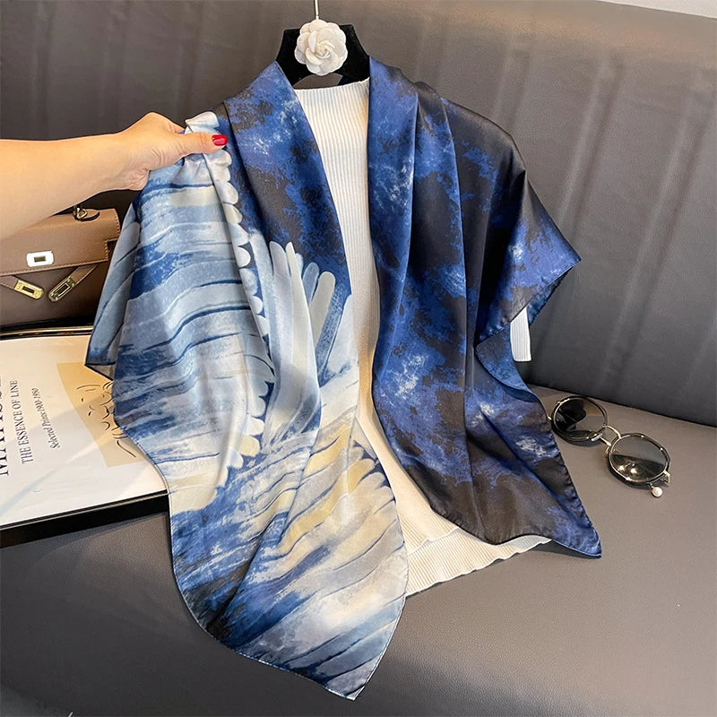 110X110Cm Women Silk Square Scarf Hijab Female Design Print Lady Shawl Wraps Foulard Headbands Bufanda Large Bandana Luxury 2023