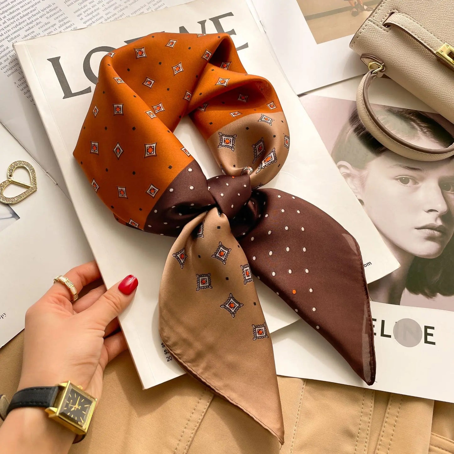 Luxury Brand 2023 Silk Square Scarf Women Cat Neck Hair Tie Band Beach Hijab Kerchief Head Headbands Bandana Female Foulard 70Cm