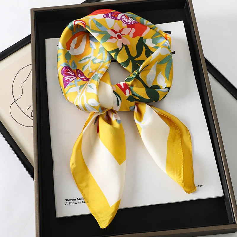 Luxury Brand 2023 Silk Square Scarf Women Cat Neck Hair Tie Band Beach Hijab Kerchief Head Headbands Bandana Female Foulard 70Cm