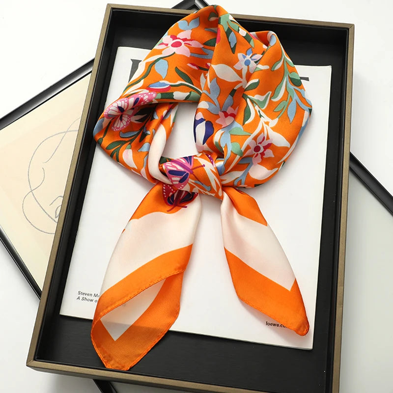 Luxury Brand 2023 Silk Square Scarf Women Cat Neck Hair Tie Band Beach Hijab Kerchief Head Headbands Bandana Female Foulard 70Cm