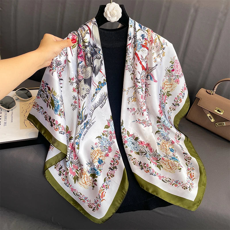 110X110Cm Women Silk Square Scarf Hijab Female Design Print Lady Shawl Wraps Foulard Headbands Bufanda Large Bandana Luxury 2023