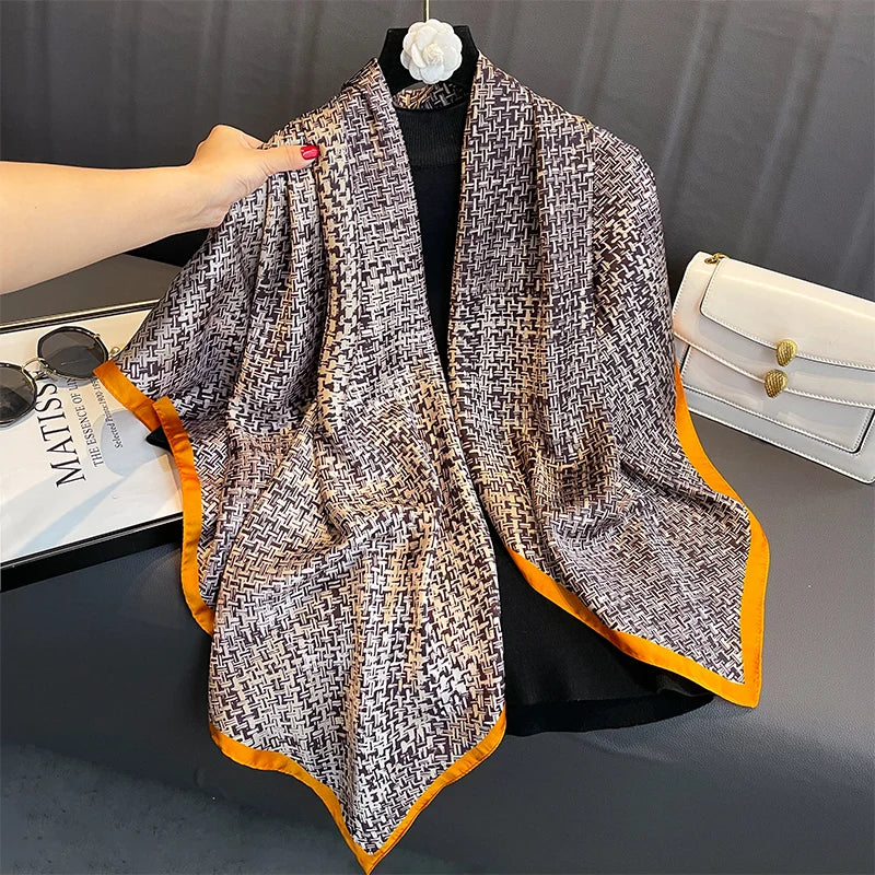110X110Cm Women Silk Square Scarf Hijab Female Design Print Lady Shawl Wraps Foulard Headbands Bufanda Large Bandana Luxury 2023