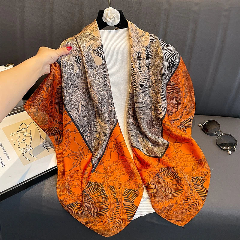 110X110Cm Women Silk Square Scarf Hijab Female Design Print Lady Shawl Wraps Foulard Headbands Bufanda Large Bandana Luxury 2023