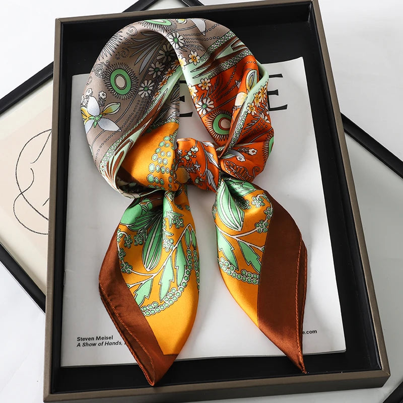 Luxury Brand 2023 Silk Square Scarf Women Cat Neck Hair Tie Band Beach Hijab Kerchief Head Headbands Bandana Female Foulard 70Cm