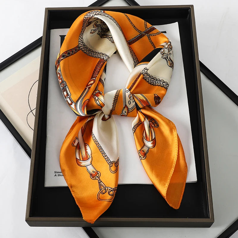Luxury Brand 2023 Silk Square Scarf Women Cat Neck Hair Tie Band Beach Hijab Kerchief Head Headbands Bandana Female Foulard 70Cm