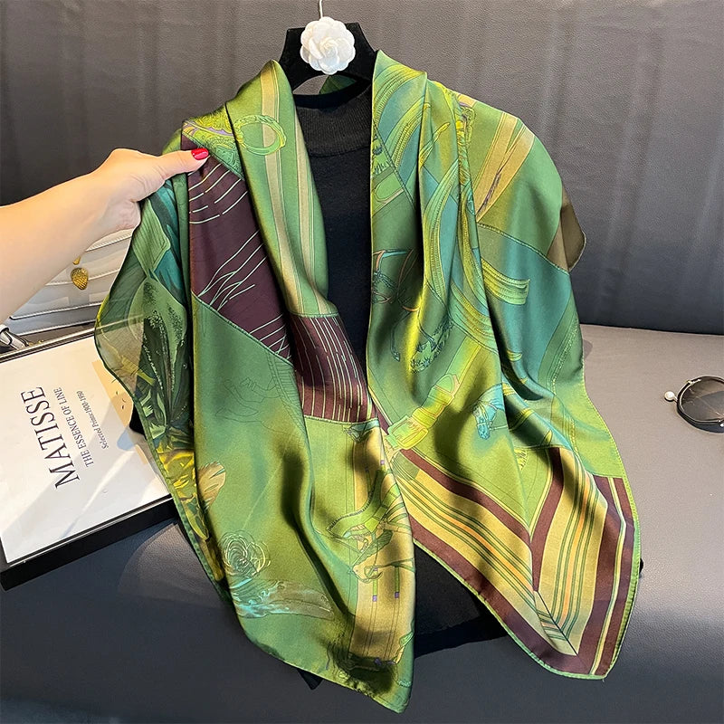 110X110Cm Women Silk Square Scarf Hijab Female Design Print Lady Shawl Wraps Foulard Headbands Bufanda Large Bandana Luxury 2023