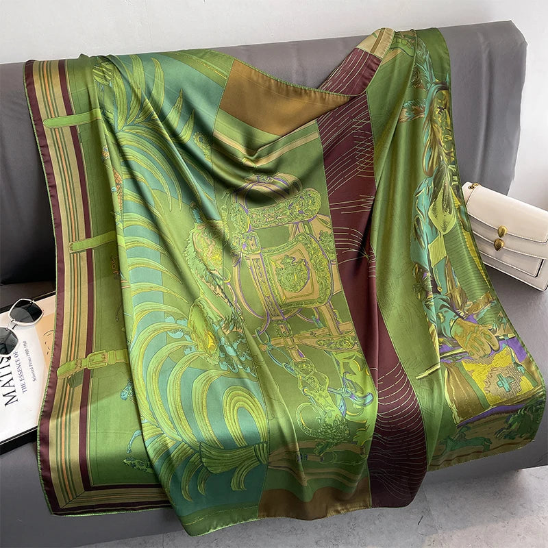 110X110Cm Women Silk Square Scarf Hijab Female Design Print Lady Shawl Wraps Foulard Headbands Bufanda Large Bandana Luxury 2023