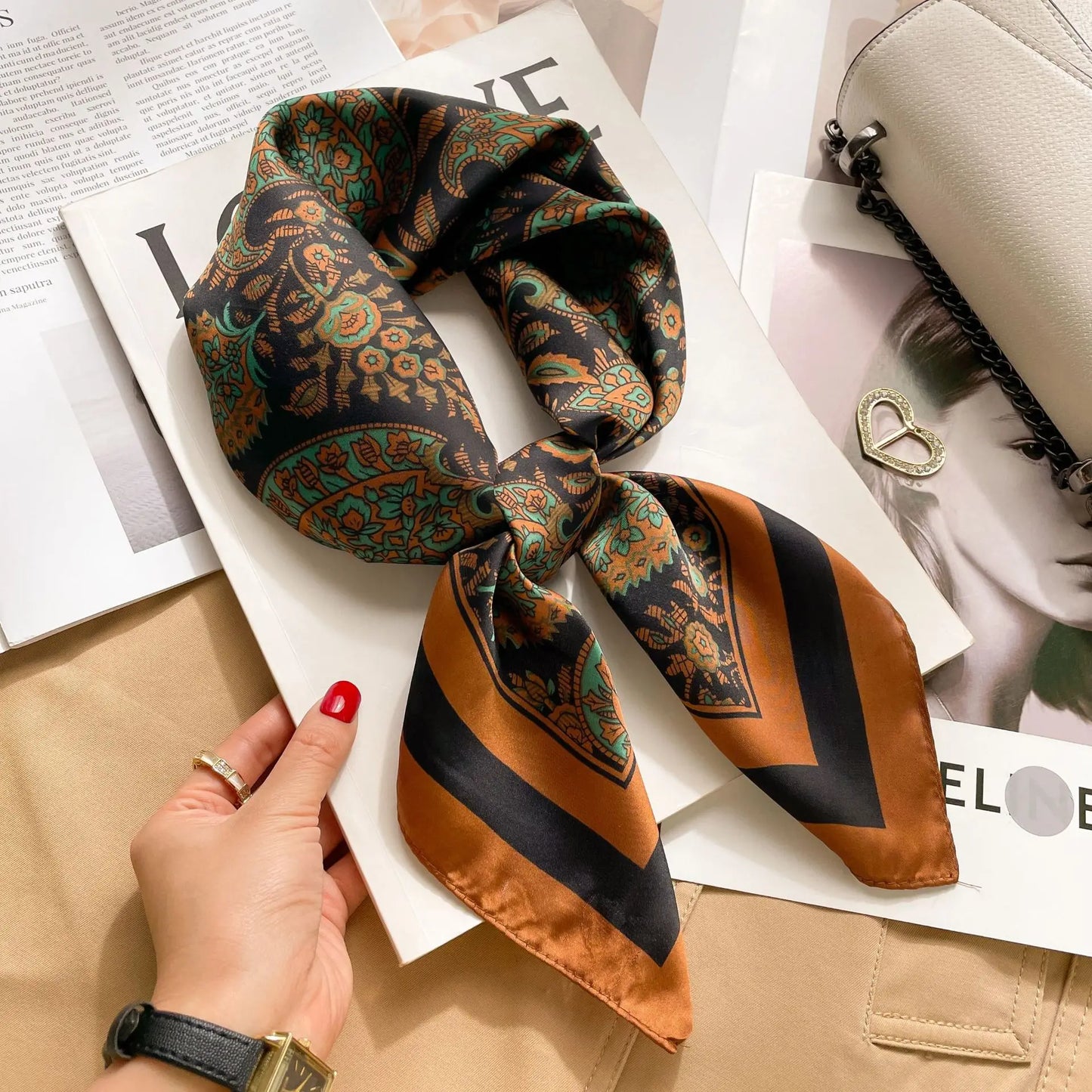 Luxury Brand 2023 Silk Square Scarf Women Cat Neck Hair Tie Band Beach Hijab Kerchief Head Headbands Bandana Female Foulard 70Cm