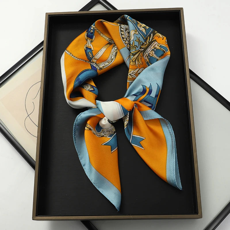 Luxury Brand 2023 Silk Square Scarf Women Cat Neck Hair Tie Band Beach Hijab Kerchief Head Headbands Bandana Female Foulard 70Cm