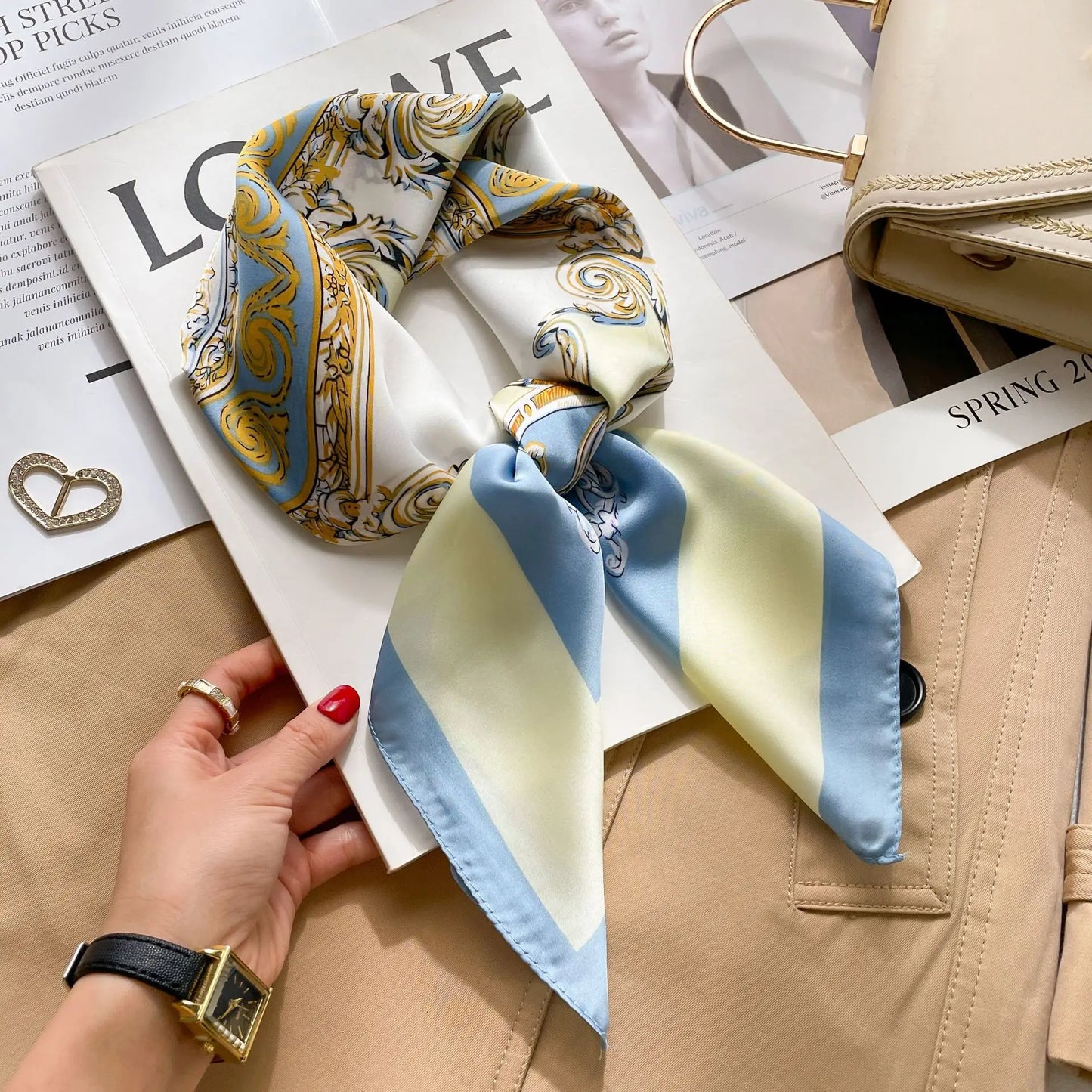 Luxury Brand 2023 Silk Square Scarf Women Cat Neck Hair Tie Band Beach Hijab Kerchief Head Headbands Bandana Female Foulard 70Cm