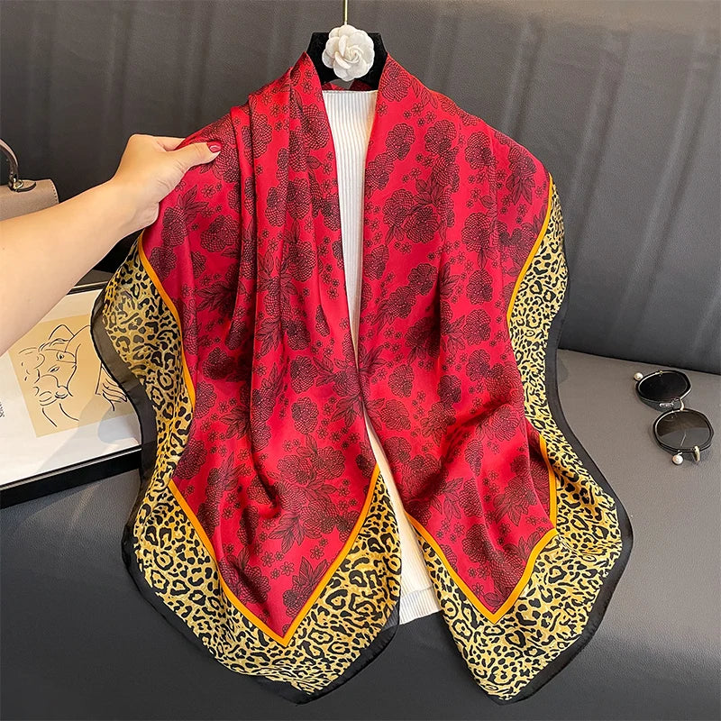 110X110Cm Women Silk Square Scarf Hijab Female Design Print Lady Shawl Wraps Foulard Headbands Bufanda Large Bandana Luxury 2023