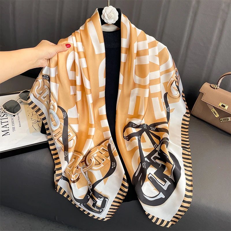 110X110Cm Women Silk Square Scarf Hijab Female Design Print Lady Shawl Wraps Foulard Headbands Bufanda Large Bandana Luxury 2023
