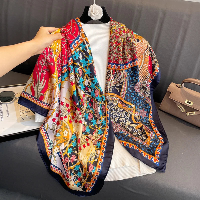 110X110Cm Women Silk Square Scarf Hijab Female Design Print Lady Shawl Wraps Foulard Headbands Bufanda Large Bandana Luxury 2023